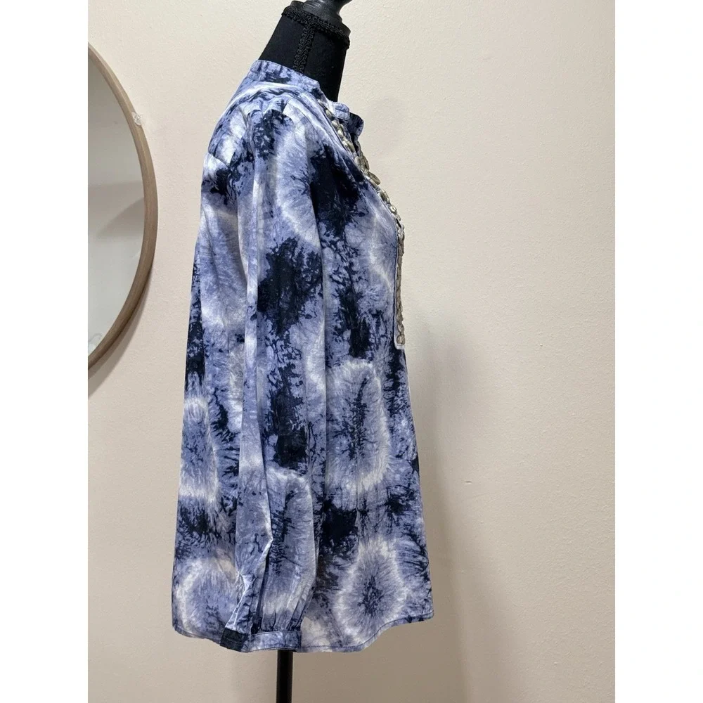 Michael Kors Top‎ M Blue Tie-Dye Beaded Bib Pleated Hippie Boho Peasant Popover